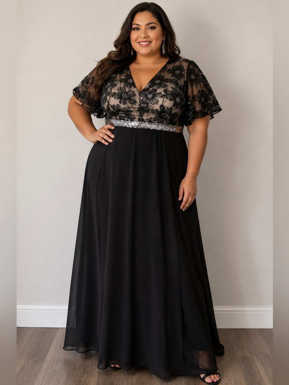 Elegant Black Embellished V-Neck Evening Dress